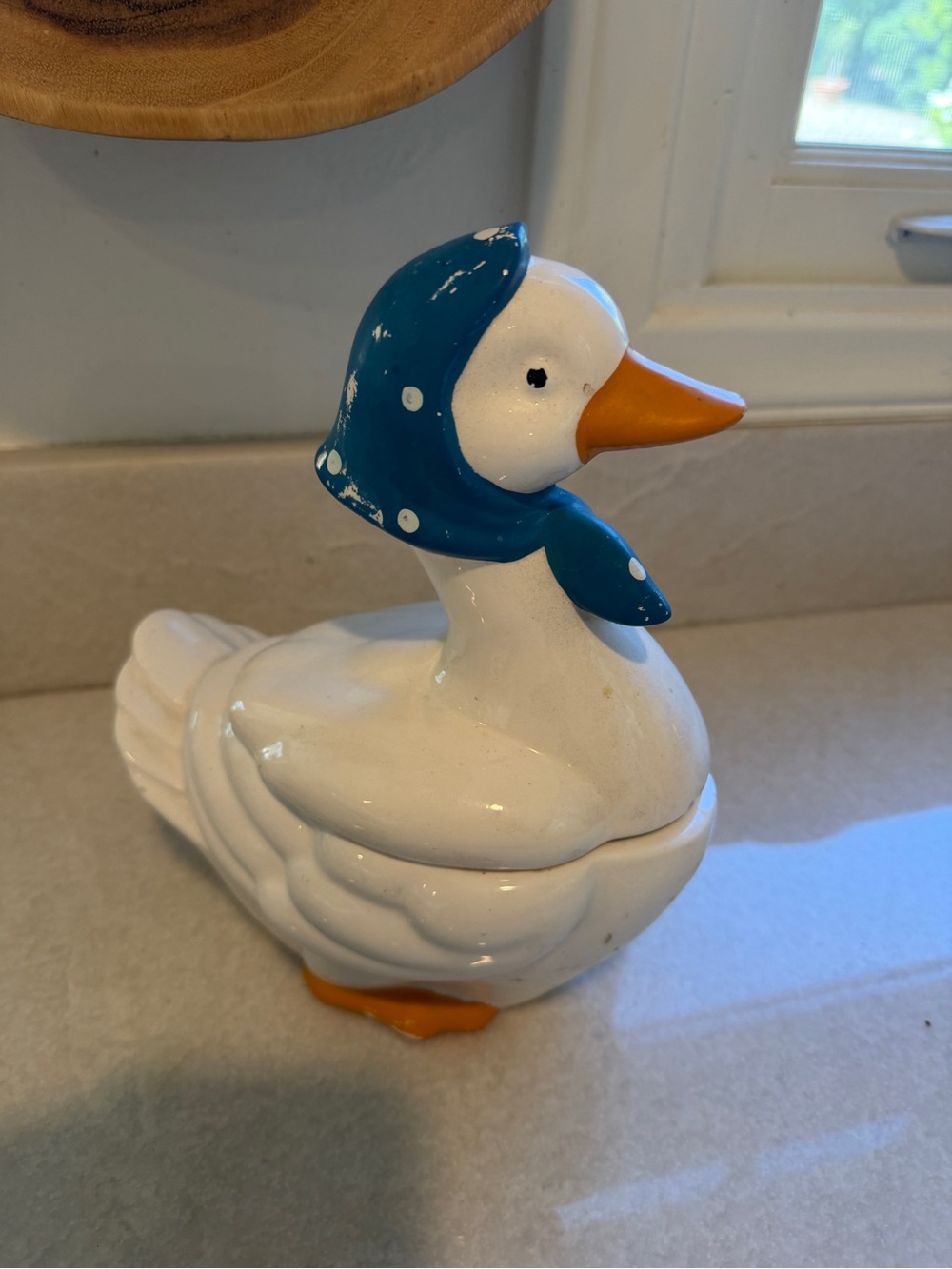 Vintage Blue-Scarf Ceramic Duck Decorative Cookie Jar
